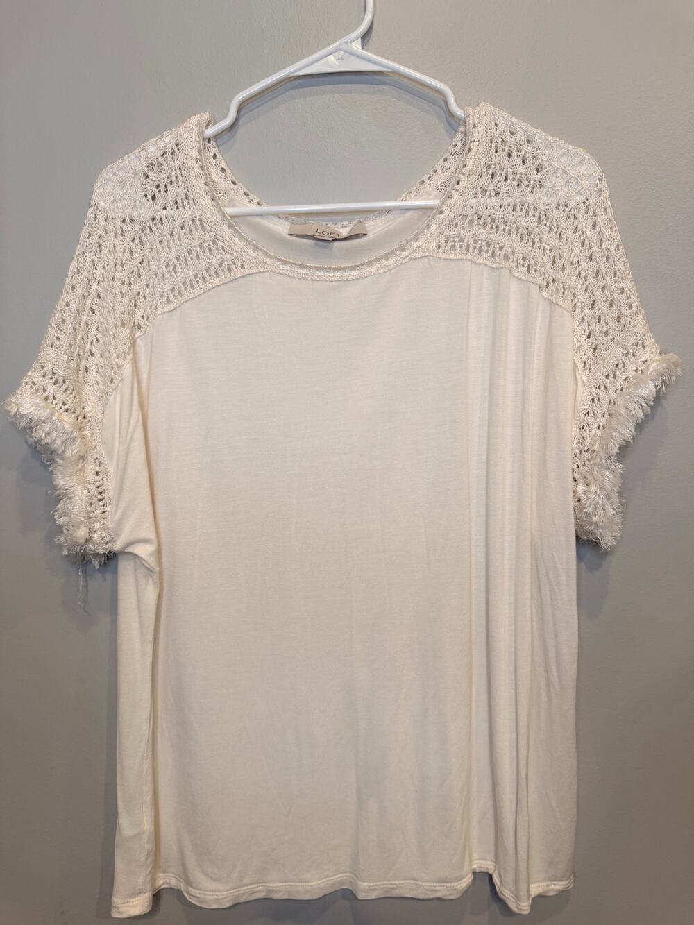 LOFT Ivory Crochet Lace Fringe Sleeve Mixed Media Top Size XL